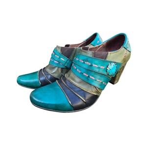 Spring Step 39 Wondrous Bootie Blue Leather Patchwork Artsy Lagenlook Witchy